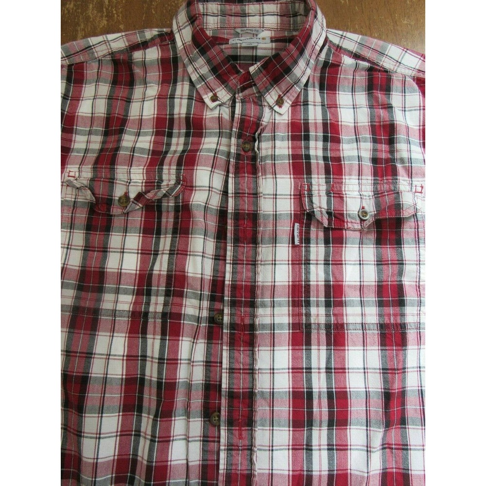 Carhartt Men's Red Plaid Button Down Short Sleeve Shirt Size XL Heavy Cotton